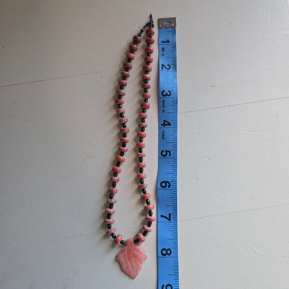 Natural Pink Rhodochrosite Etched Leaf Stone Beaded Necklace 15" - Picture 15 of 15